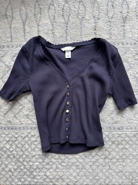 H&M Navy Ribbed V-Neck Button-Front Top